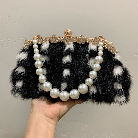 Gorgeous Handmade Real Mink Fur Rhinestone Push-lock Clutch/Wristlet/Crossbody - Picture 1 of 15
